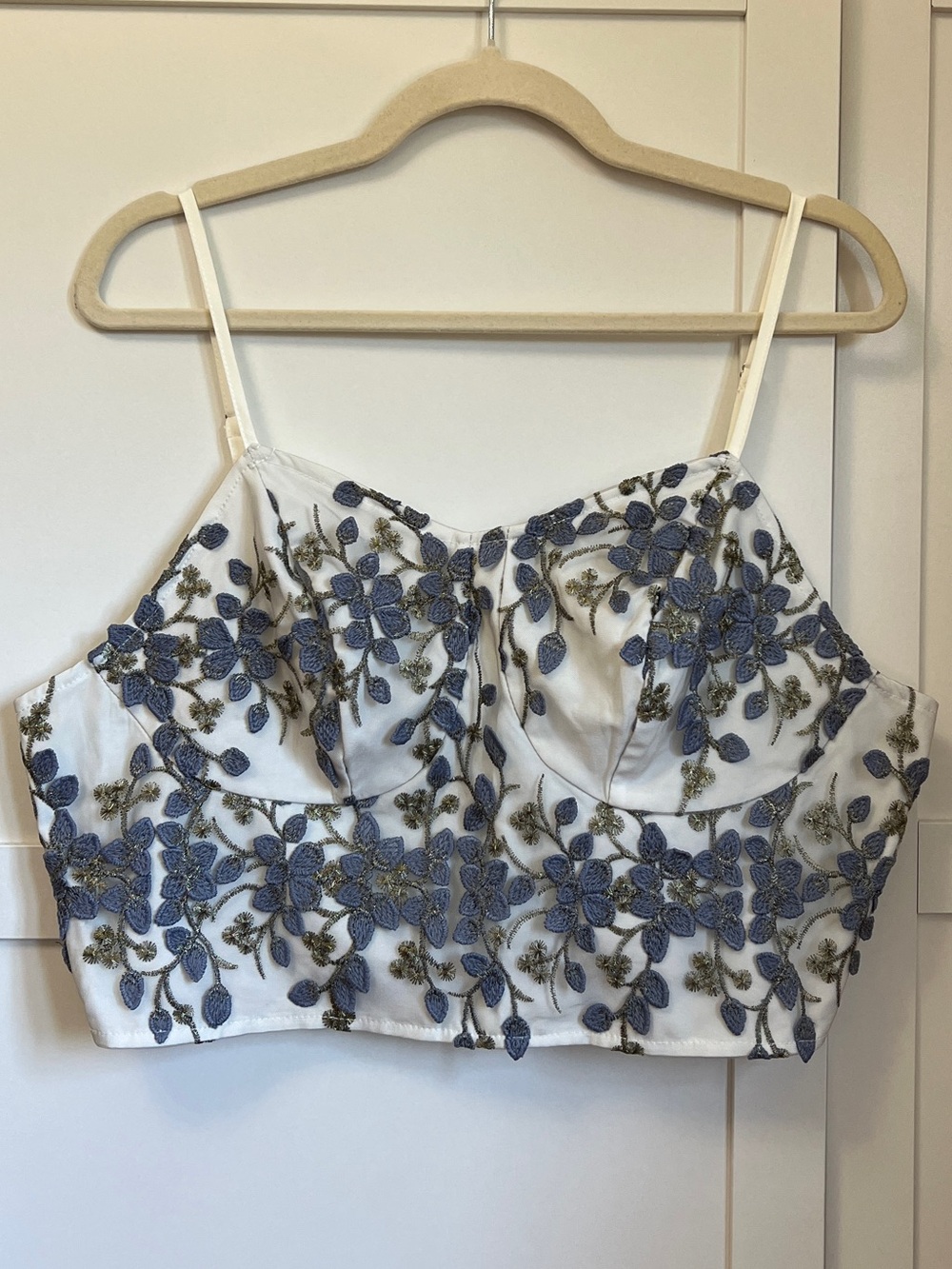 SHEIN White Crop Top with Blue Floral Embroidery